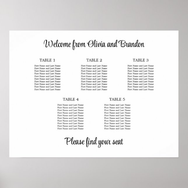 Affiche de plan de table de mariage élégant à 5 ta (Devant)
