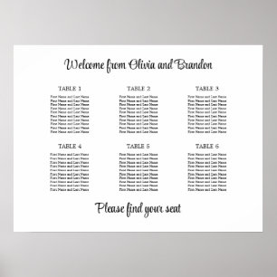 Affiche de plan de table de mariage élégant à 6 ta
