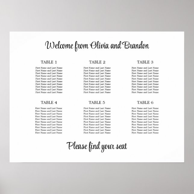Affiche de plan de table de mariage élégant à 6 ta (Devant)