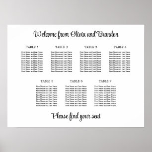 Affiche de plan de table de mariage élégant à 7 ta