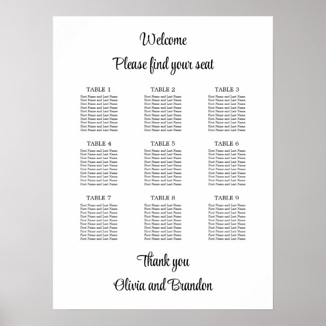 Affiche de plan de table de mariage élégant à 9 ta (Devant)