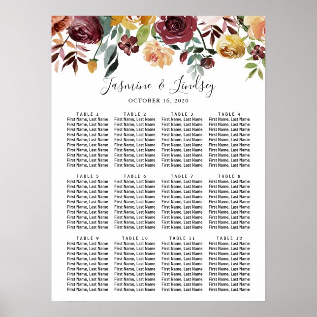 Affiche de plan de table de mariage floral bordeau (Devant)