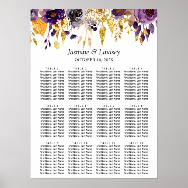 Affiche de plan de table de mariage floral or viol (Devant)