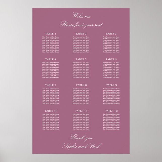 Affiche de plan de table de mariage Mauve 12 (Devant)
