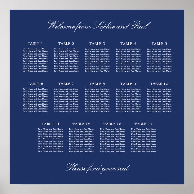 Affiche de plan de table de mariage Navy Blue 14 (Devant)