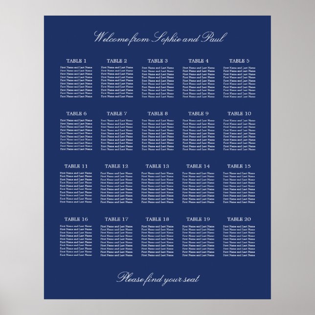 Affiche de plan de table de mariage Navy Blue 20 (Devant)