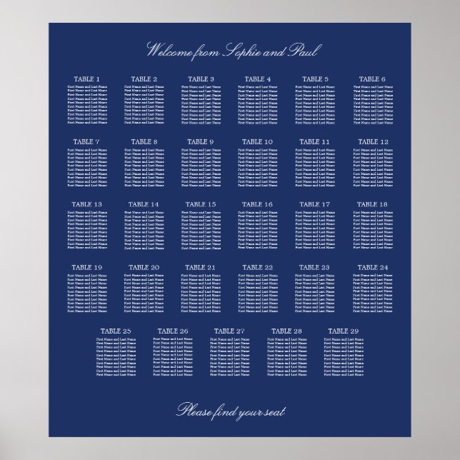Affiche de plan de table de mariage Navy Blue 29 t (Devant)
