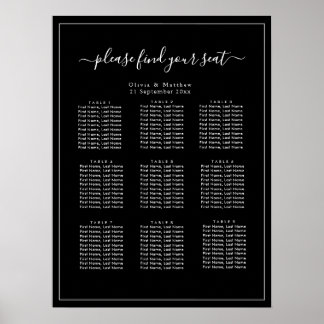 Affiche de plan de table de mariage noir minimalis