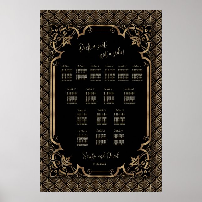 Affiche de plan de table de mariage noir or glamou (Devant)