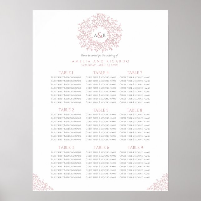 Affiche de plan de table de mariage rond aux feuil (Devant)