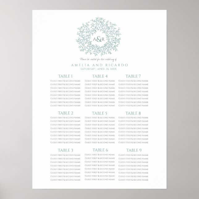 Affiche de plan de table de mariage rond avec feui (Devant)