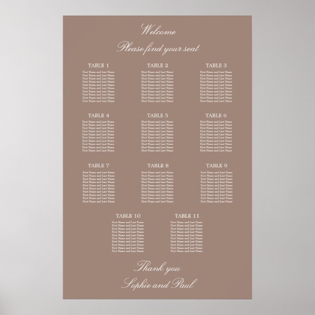 Affiche de plan de table de mariage Taupe 11 Table (Devant)