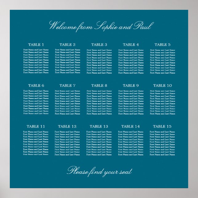 Affiche de plan de table de mariage turquoise 15 (Devant)