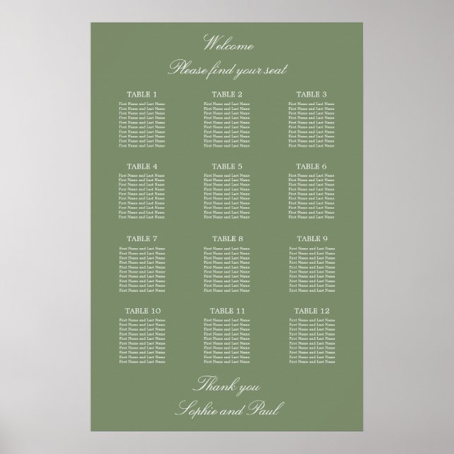Affiche de plan de table de mariage vert sauge 12 (Devant)