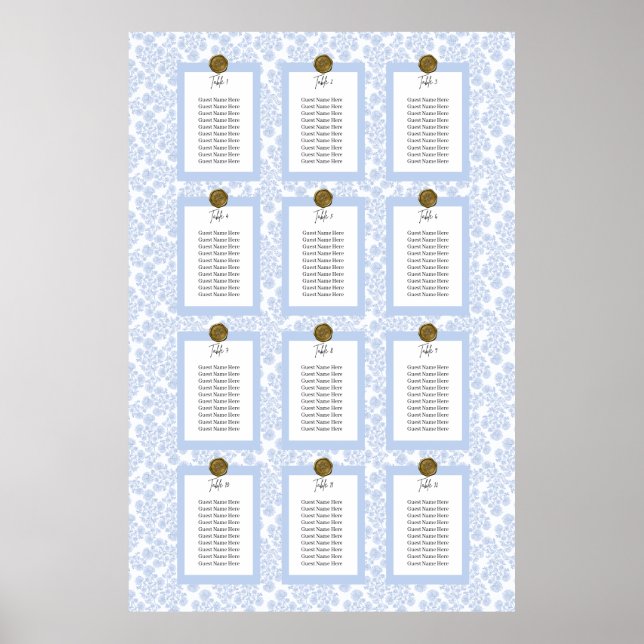 Affiche de plan de table élégant et floral bleu (Devant)