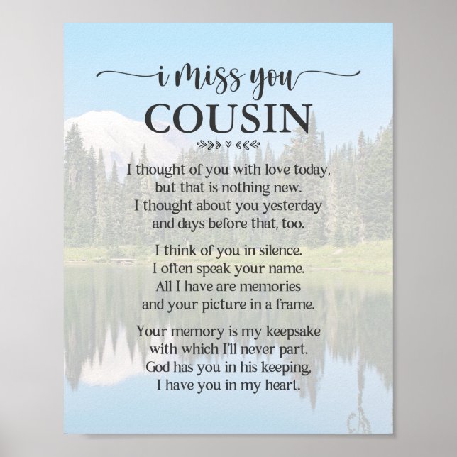 Affiche de poème pour cousin « Tu me manques » (Devant)