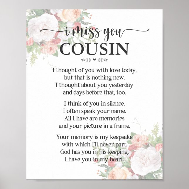 Affiche de poème pour cousin « Tu me manques » (Devant)