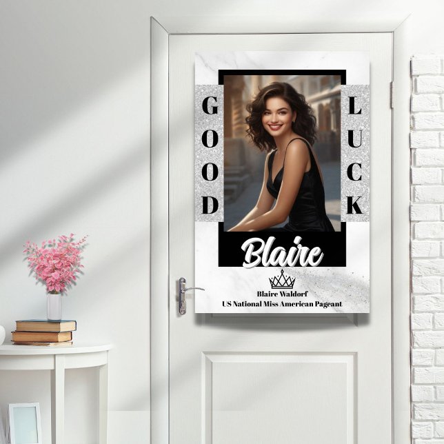 Affiche de porte de concours Marble Glitter Glam p (Give your pageant titleholder a fabulous send-off with a custom door poster in marble ice design)