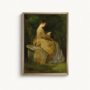 Affiche de portrait de femme lisant dans un jardin