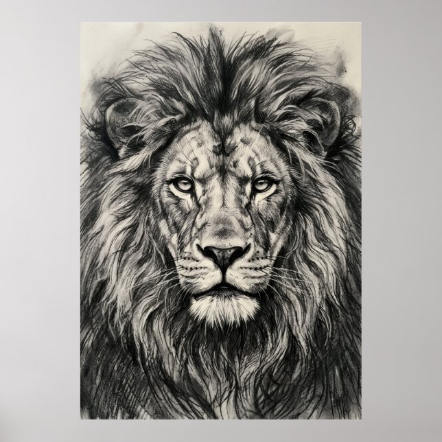 Affiche de portrait de lion au fusain (Devant)