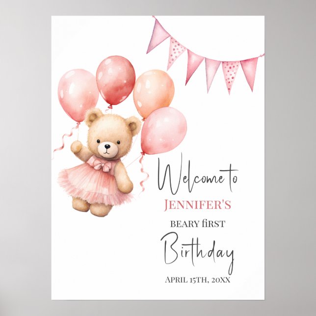 Affiche de premier anniversaire Beary rose ballon  (Devant)