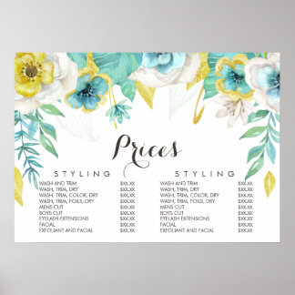 Affiche de prix de menu de beautician floral sarce