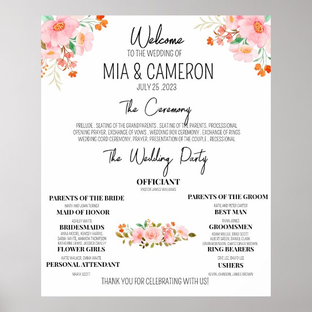 Affiche de programme de mariage floral avec verdur (Devant)