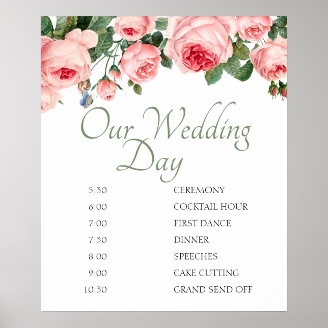 Affiche de programme de mariage floral rose rose g (Devant)