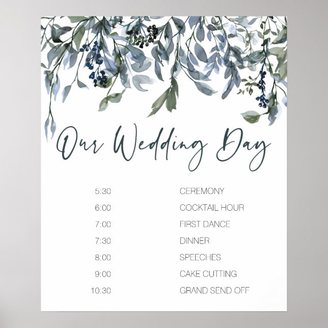 Affiche de programme de mariage floral vert argent (Devant)