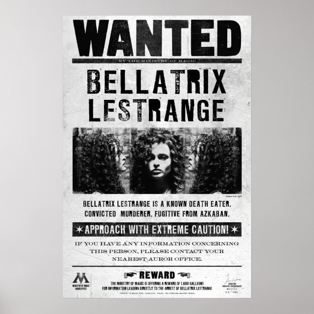 Affiche de recherche de Bellatrix Lestrange (Devant)