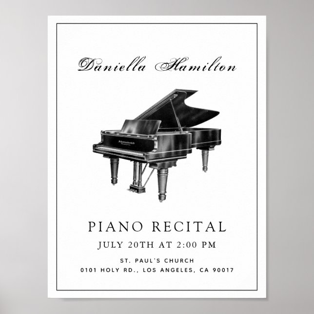 Affiche de récital de piano simple classique blanc (Devant)