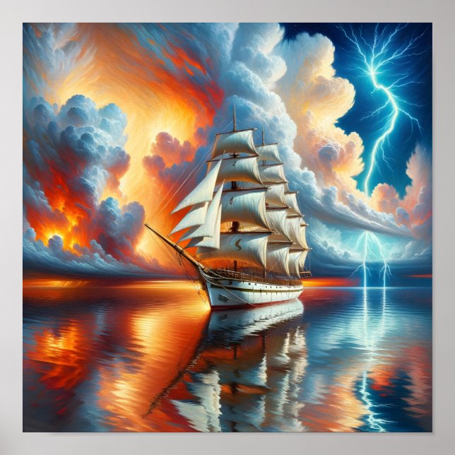 Affiche de réflexion de yacht de coucher de soleil (Devant)
