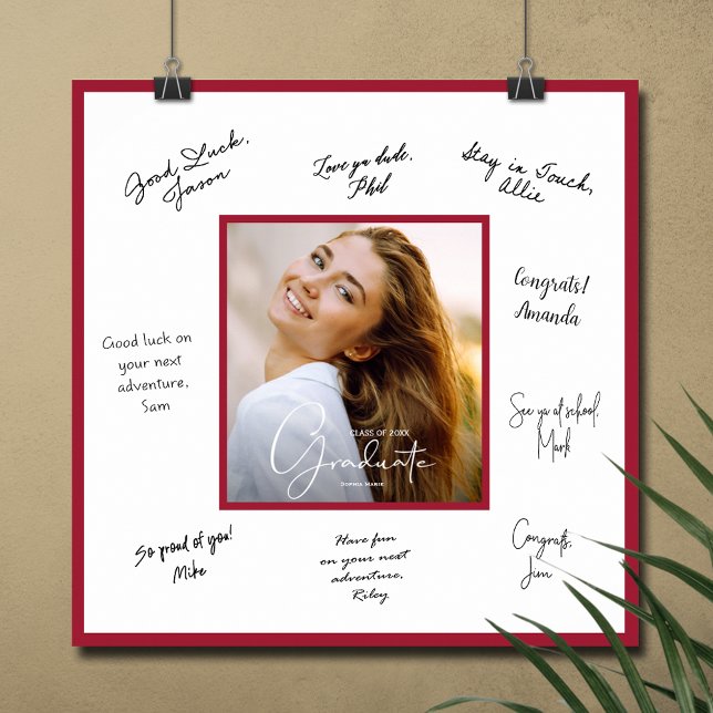 Affiche de remise de diplômes avec autographe et b (Graduation autograph photo poster with crimson red  border, INSTANT DOWNLOAD and/or PRINTED)