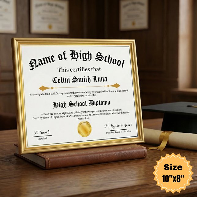 Affiche de Réplique de Diplôme d'Études Secondaire (Personalized High School Diploma Replica Poster with Faux Gold Seal - 10"x8" -)