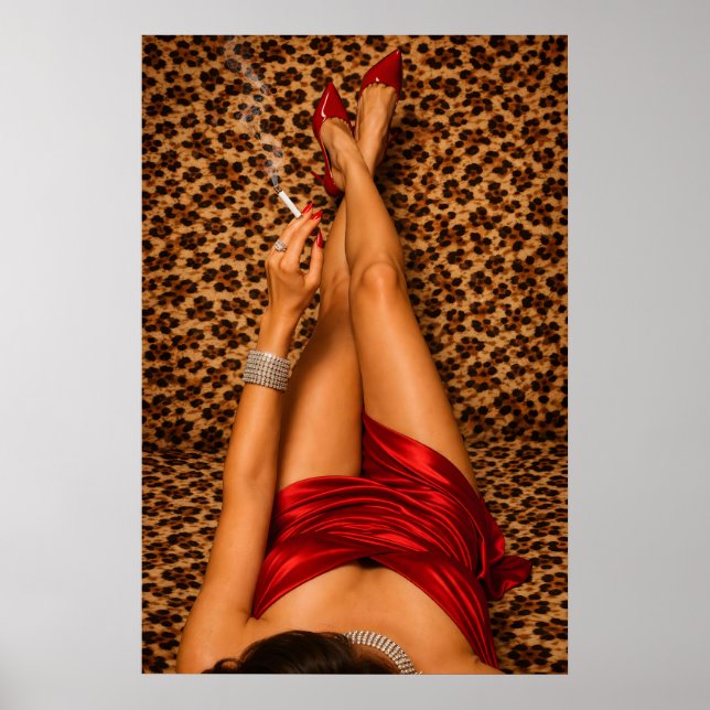 Affiche de robe rouge glamour impression léopard,  (Devant)