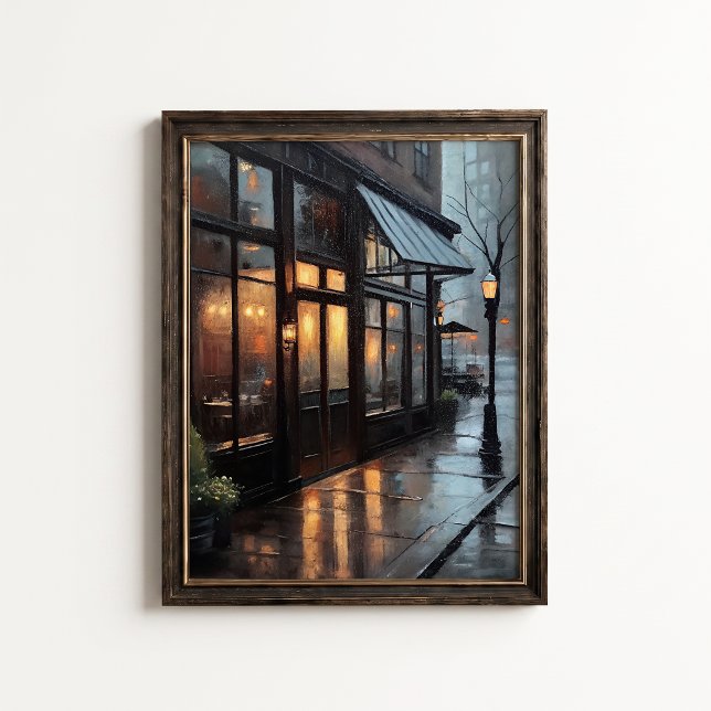Affiche de rue de bistro pluvieux (Rainy Bistro Street Wall Art Poster - close-up view (frame/decor not included))