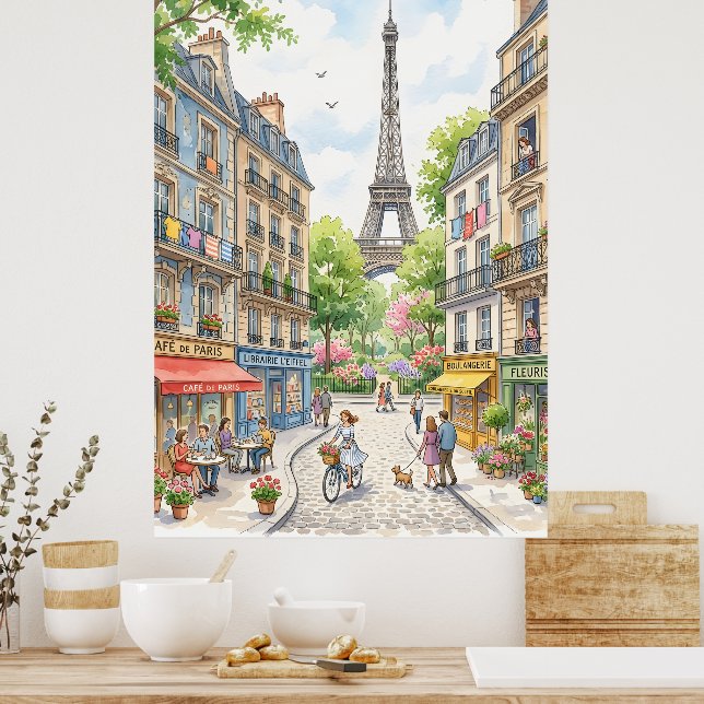 Affiche de rue de Paris aquarelle, Tour Eiffel mur (Cuisine)