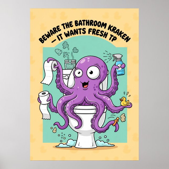 Affiche de salle de bain drôle Kraken (Devant)