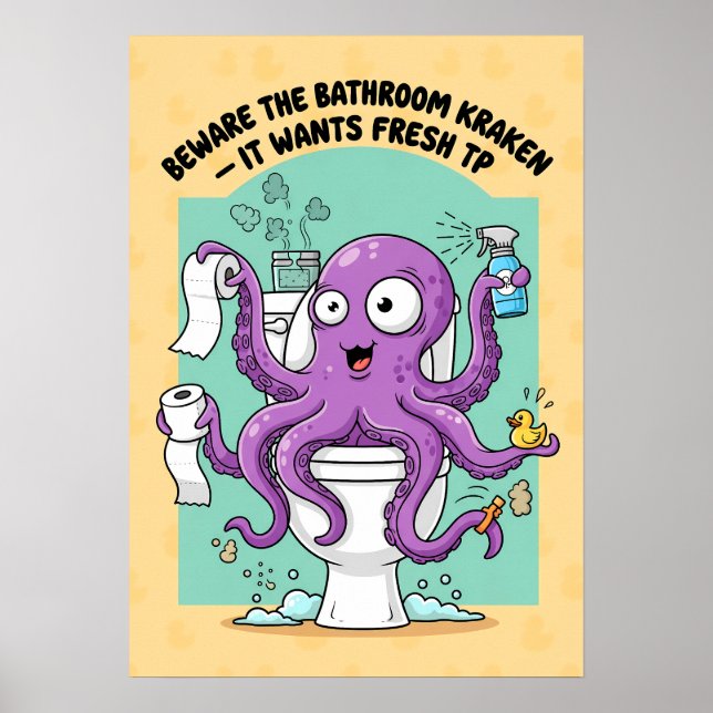 Affiche de salle de bain drôle Kraken (Devant)