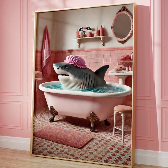 Affiche de salle de bain rose avec un requin drôle (Créateur téléchargé)