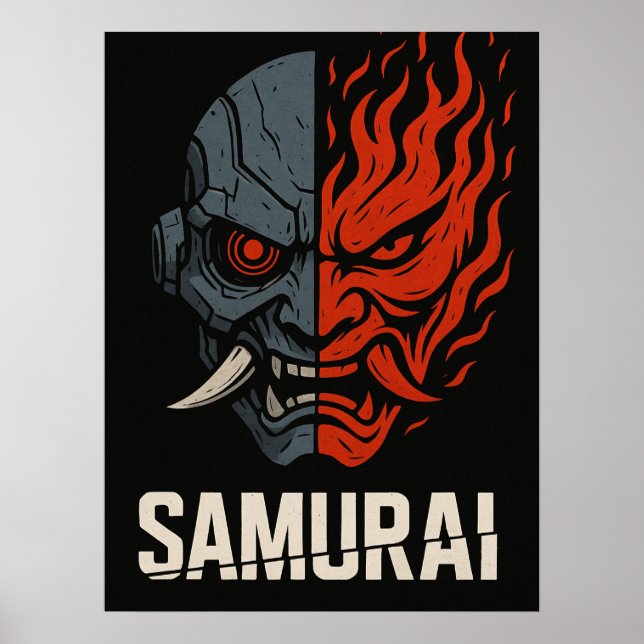 Affiche de samouraï au masque Oni divisé (Devant)