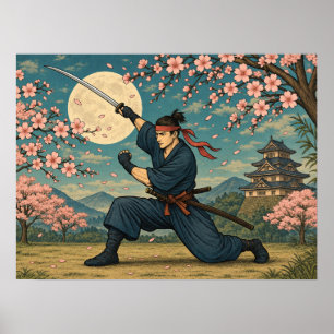 Affiche de samouraï japonais pleine lune cerisier