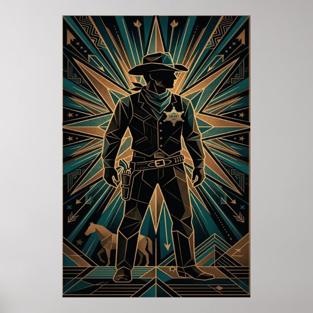 Affiche de shérif Art Déco - Silhouette de cow-boy (Devant)
