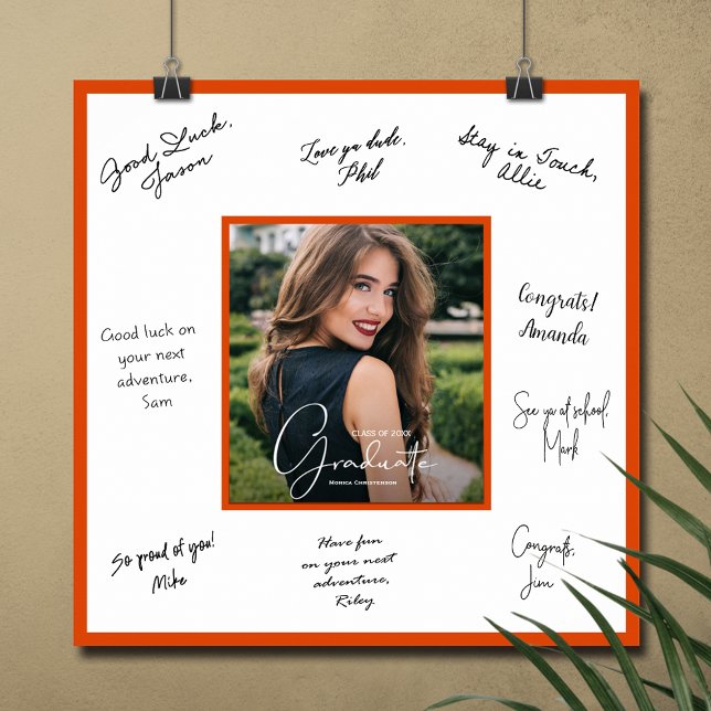 Affiche de signature de fin d'études avec bordure  (Graduation autograph photo poster with orange border, INSTANT DOWNLOAD and/or PRINTED)