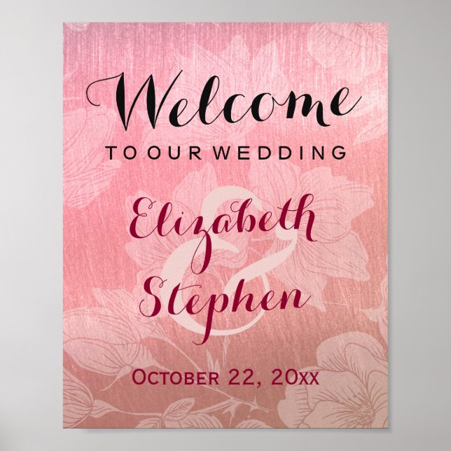 Affiche de signe de mariage floral or rose chic mo (Devant)