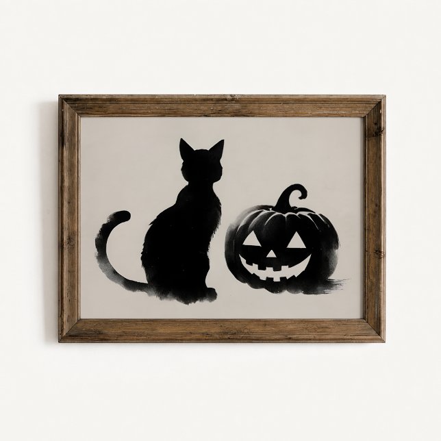 Affiche de silhouette de citrouille de chat noir (Black Cat Pumpkin Poster - close-up view (frame/decor not included))
