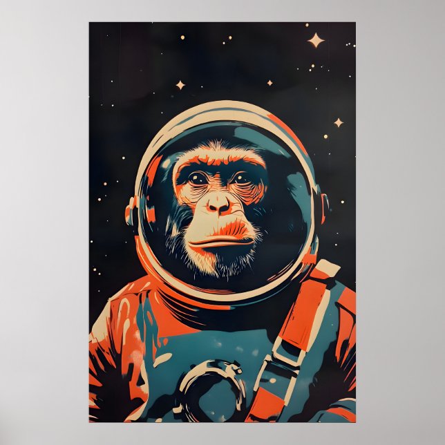 Affiche de singe astronaute, Impression rétro de s (Devant)