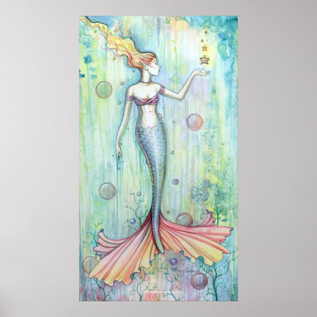 Affiche de sirène à l'aquarelle Bulles (Devant)