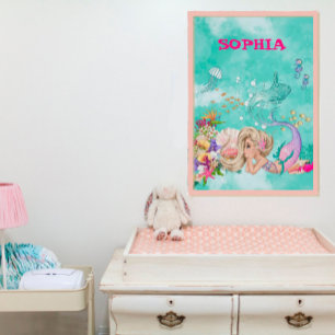 Affiche de sirène aux cheveux clairs rose étoile d