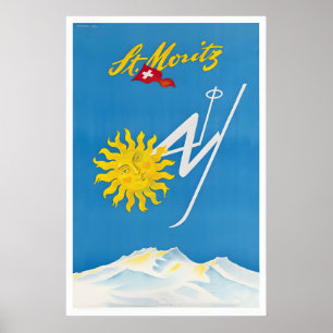Affiche de ski vintage de St. Moritz Suisse - Enca